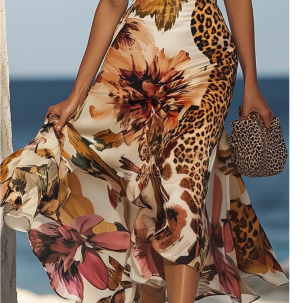 Elegant Leopard and Floral Print Halter Maxi Dress - Picture 3 of 4